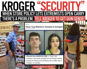 Moms Demand Action is using mug shots of two open carry advocates arrested for interfering with a traffic stop in their campaign to convince Kroger to tighten their gun policy. (Graphic: Moms Demand Action)