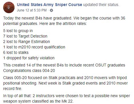 US Army Sniper Course giving real time attrition and cause rates. These show where most students have weak points in their capabilities and what they can work on