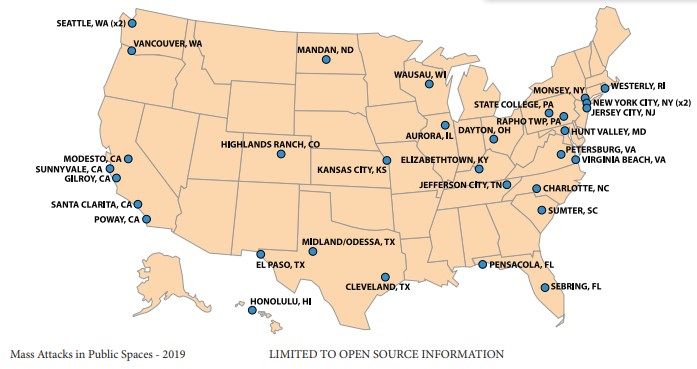 Mass Attacks in Public Spaces MAPS map of 2019 mass attack events