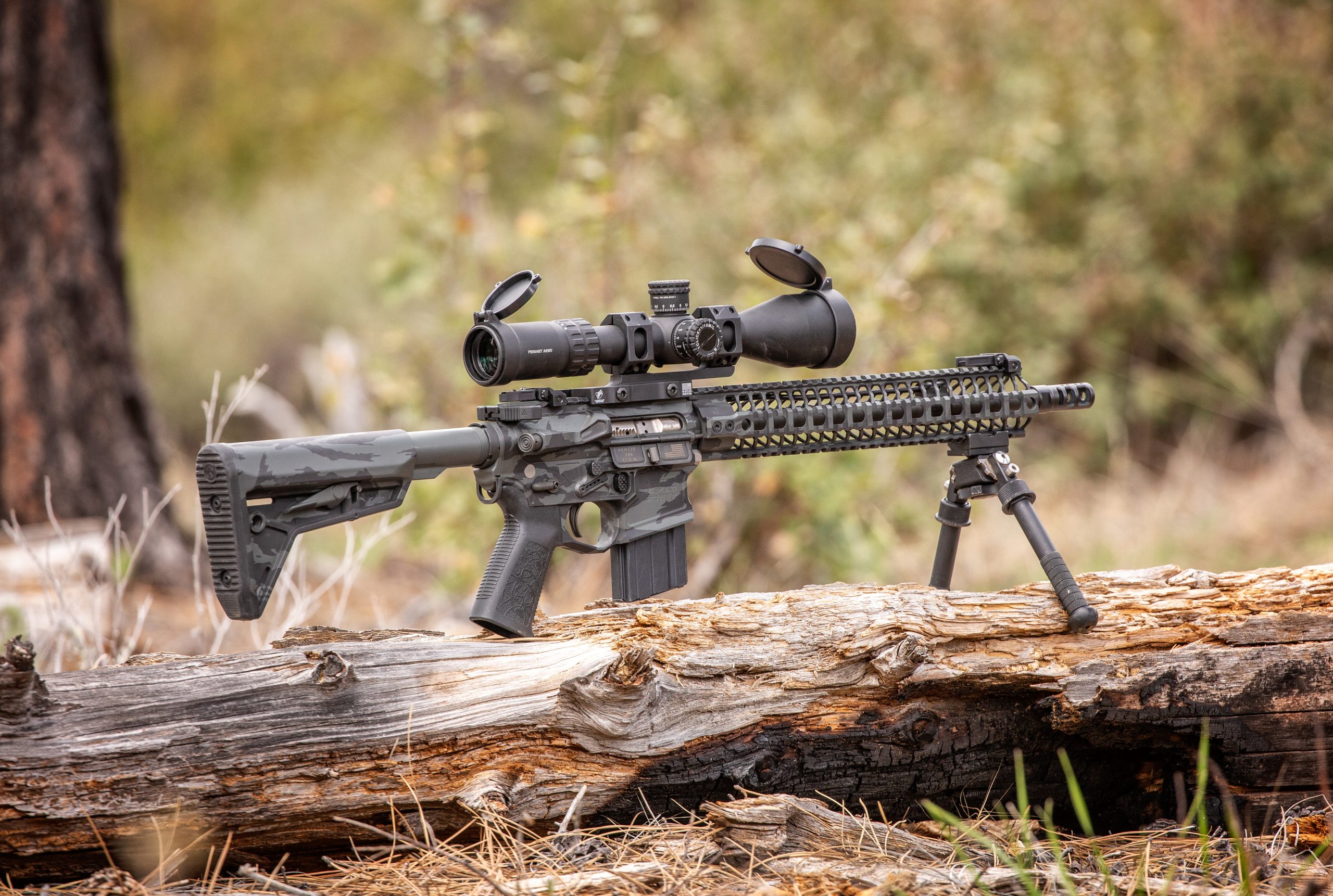 Customized AR15 upper receiver set up on a log