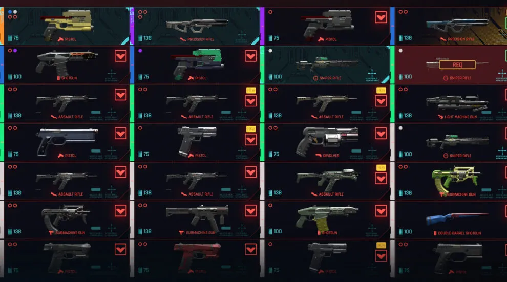 An Image Of A Selection Of Guns From Video Game Cyberpunk 2077