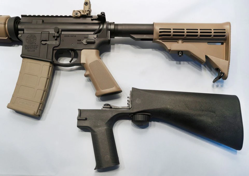 Bump Stock Ban outlawed device pictured that simulated cyclic fire rates in semi-auto firearms