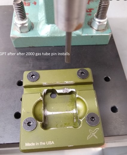 a gas tube pin tool slightly marred up after being used for over 2000 gas tube pin installs